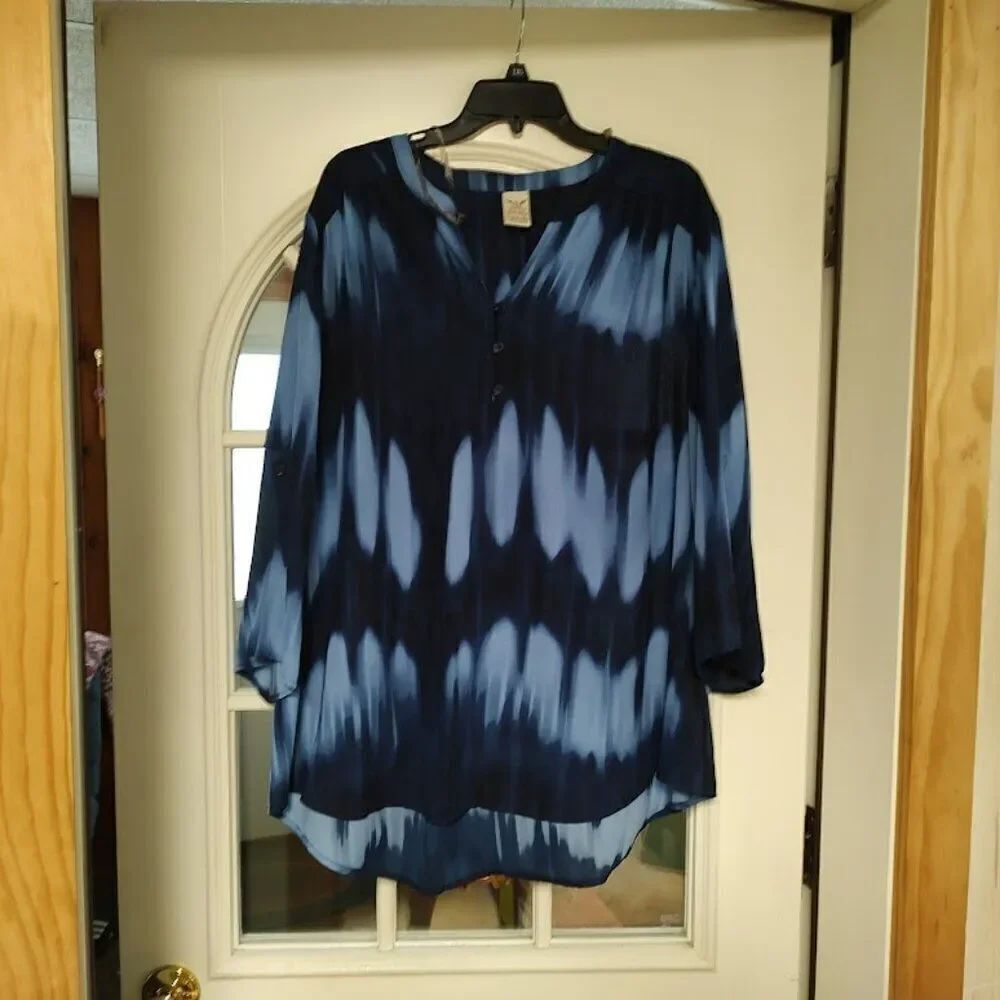 Faded Glory Navy Blue Light Blue Designed 3/4 Sleeve Blouse Size Women's 22W/24W